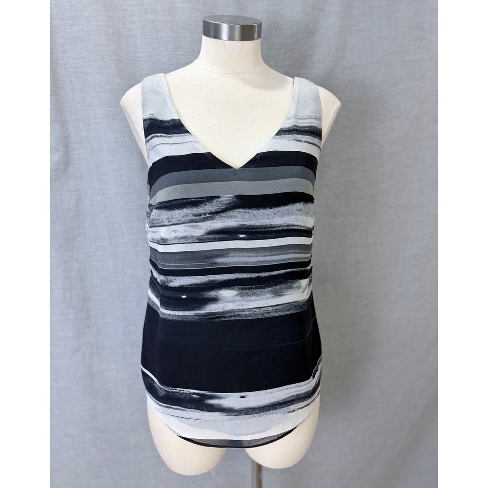 Iris Setlakwe Abstract Stripe Sleeveless Blouse Top 4 Black Gray Chiffon V-Neck